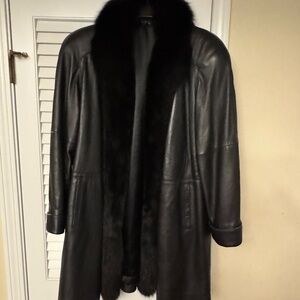 Black Leather Coat with Fur Trim